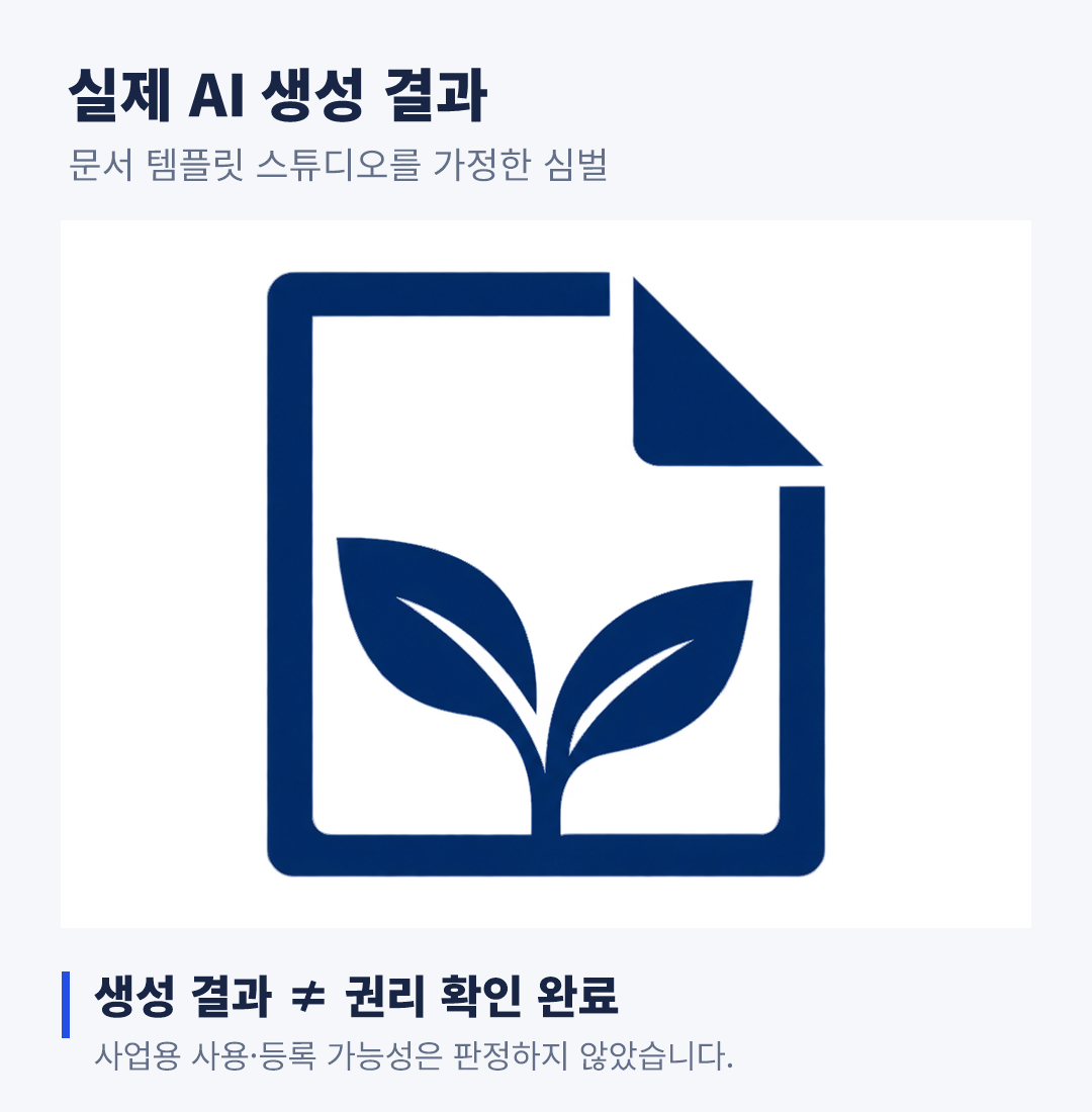 접힌 종이와 새싹을 결합한 실제 AI 생성 로고. 사용자 캐릭터와 무관한 별도 가상 사례
